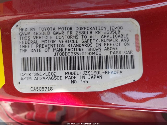 44703228 :رقم المزاد ، JT8BD69S510133406 vin ، 2001 Lexus Gs 300 مزاد بيع