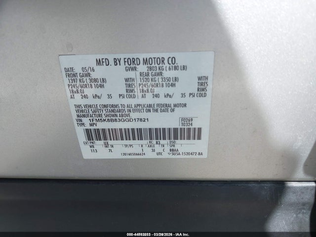 Ford Explorer 2016 1FM5K8B83GGD17821 Image 9