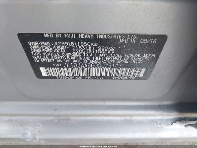 44703234 :رقم المزاد ، JF1GJAA66GG023147 vin ، 2016 Subaru Impreza 2.0i مزاد بيع