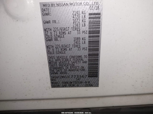 Aukcja sprzedaży 2018 Nissan Rogue Sv, vin: 5N1AT2MV1JC773567, numer aukcji: 44703248