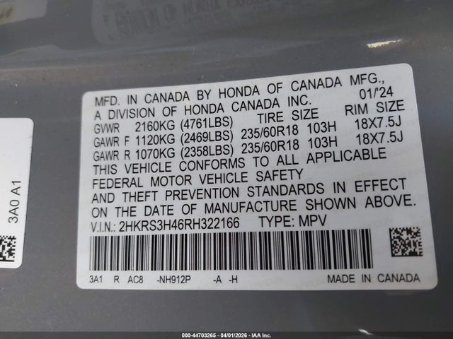 Продажа на аукционе авто 2024 Honda Cr-v Ex 2wd, vin: 2HKRS3H46RH322166, номер лота: 44703265