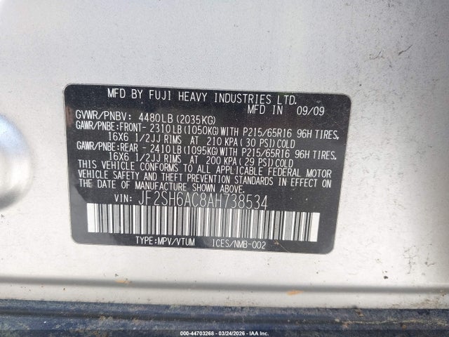 Продажа на аукционе авто 2010 Subaru Forester 2.5x, vin: JF2SH6AC8AH738534, номер лота: 44703268