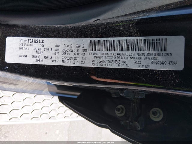 Aukcja sprzedaży 2019 Ram 1500 Laramie  4x2 5'7 Box, vin: 1C6RREJT4KN615862, numer aukcji: 44703299