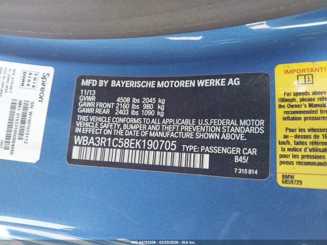 44703306 :رقم المزاد ، WBA3R1C58EK190705 vin ، 2014 Bmw 435i مزاد بيع
