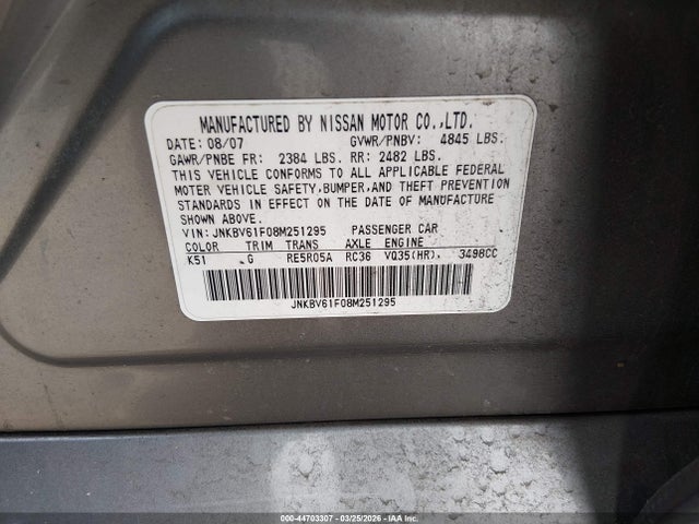 Aukcja sprzedaży 2008 Infiniti G35x, vin: JNKBV61F08M251295, numer aukcji: 44703307