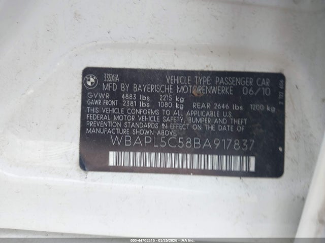 2011 Bmw 335i Xdrive მანქანა იყიდება აუქციონზე, vin: WBAPL5C58BA917837, აუქციონის ნომერი: 44703315
