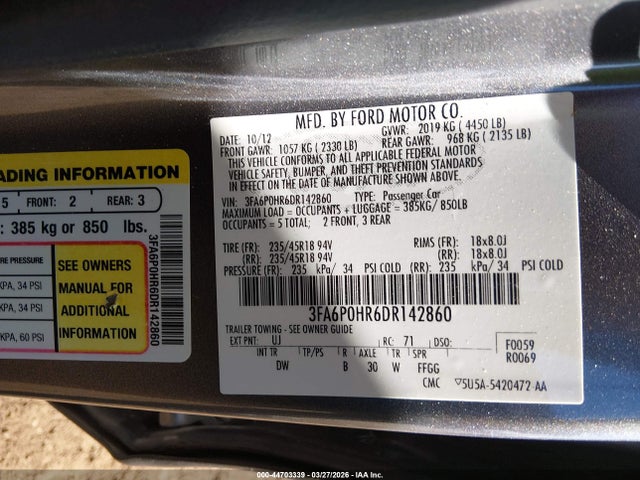 2013 Ford Fusion Se მანქანა იყიდება აუქციონზე, vin: 3FA6P0HR6DR142860, აუქციონის ნომერი: 44703339