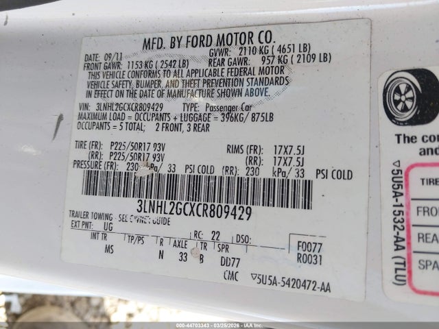 Aukcja sprzedaży 2012 Lincoln Mkz, vin: 3LNHL2GCXCR809429, numer aukcji: 44703343