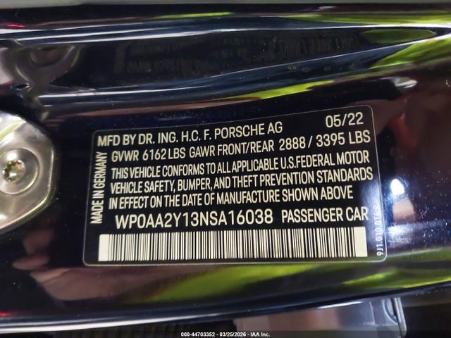 Aukcja sprzedaży 2022 Porsche Taycan, vin: WP0AA2Y13NSA16038, numer aukcji: 44703352