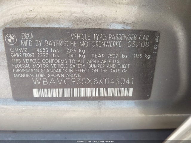 Продаж на аукціоні авто 2008 Bmw 328xi, vin: WBAVC935X8K043041, номер лоту: 44703363