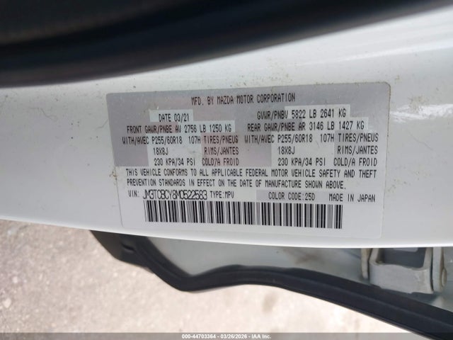 Auction sale of the 2021 Mazda Cx-9 Touring, vin: JM3TCBCY8M0522583, lot number: 44703364