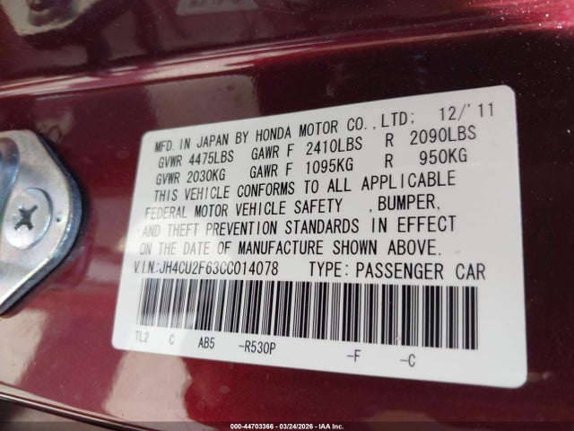 2012 Acura Tsx 2.4 მანქანა იყიდება აუქციონზე, vin: JH4CU2F63CC014078, აუქციონის ნომერი: 44703366