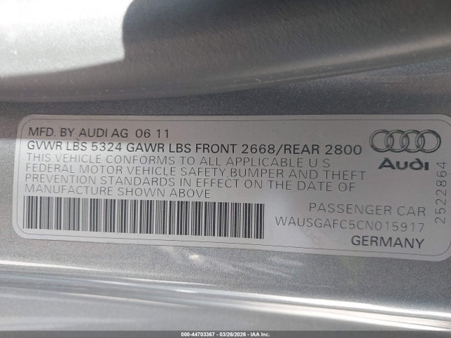 44703367 :رقم المزاد ، WAUSGAFC5CN015917 vin ، 2012 Audi A7 Premium مزاد بيع