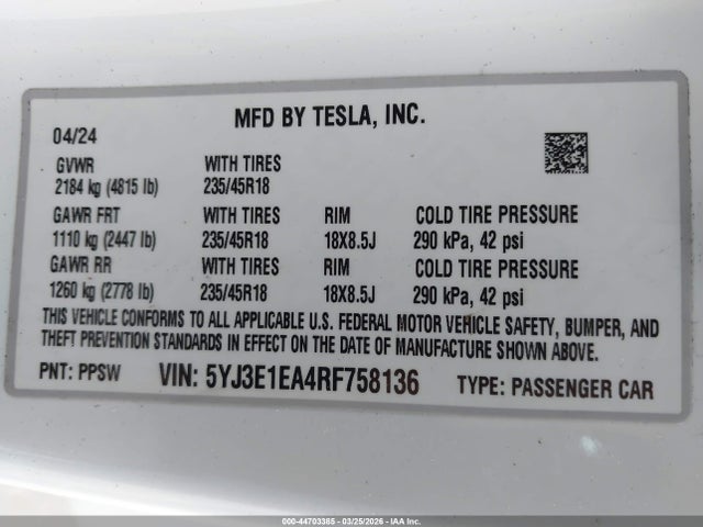 Продажа на аукционе авто 2024 Tesla Model 3 Long Range Dual Motor All-wheel Drive/rear-wheel Drive, vin: 5YJ3E1EA4RF758136, номер лота: 44703385