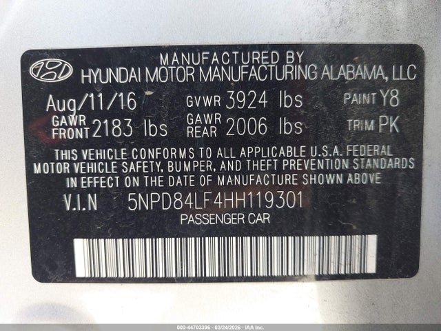 5NPD84LF4HH119301 Hyundai ELANTRA SE