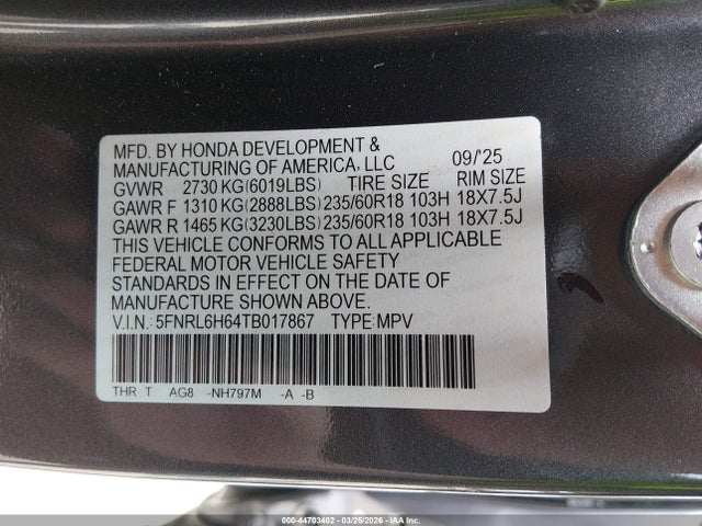 Продаж на аукціоні авто 2026 Honda Odyssey Ex-l, vin: 5FNRL6H64TB017867, номер лоту: 44703402
