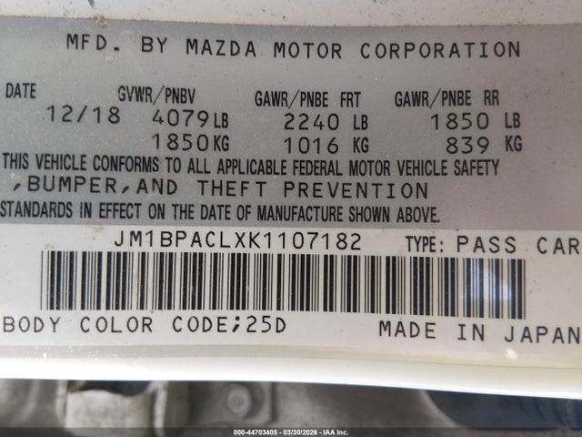 2019 Mazda Mazda3 Select Package მანქანა იყიდება აუქციონზე, vin: JM1BPACLXK1107182, აუქციონის ნომერი: 44703405