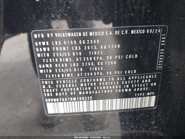 44703407 :رقم المزاد ، 3VVNB7AX7RM199225 vin ، 2024 Volkswagen Tiguan 2.0t Se/2.0t Wolfsburg Edition مزاد بيع