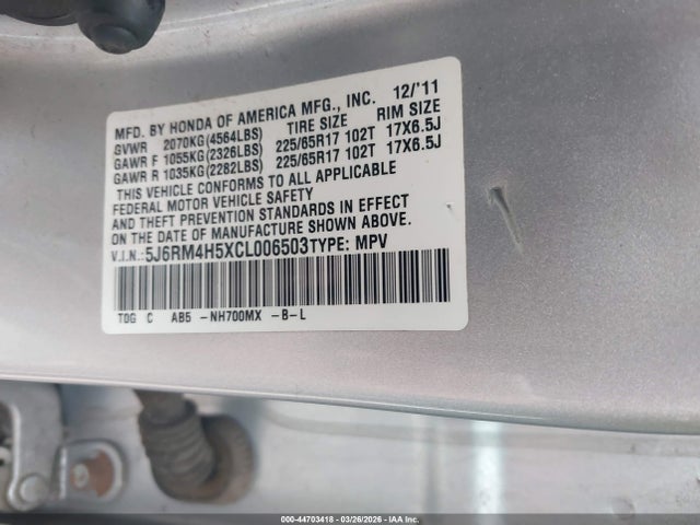 Продаж на аукціоні авто 2012 Honda Cr-v Ex, vin: 5J6RM4H5XCL006503, номер лоту: 44703418
