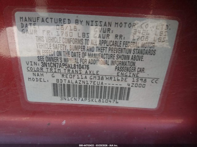3N1CN7AP5KL810476 Nissan Versa 1.6 S+