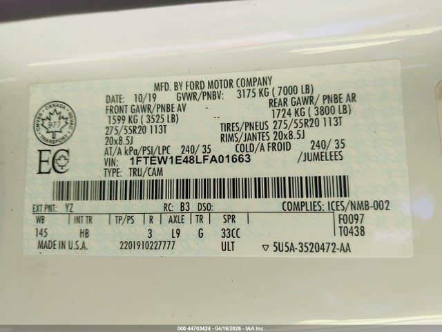 Aukcja sprzedaży 2020 Ford F-150 Lariat, vin: 1FTEW1E48LFA01663, numer aukcji: 44703424