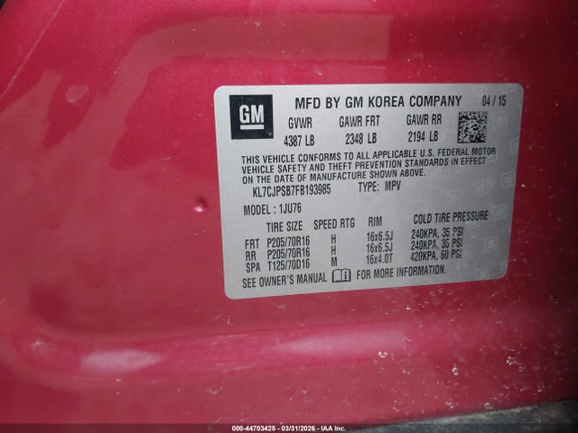 Продажа на аукционе авто 2015 Chevrolet Trax 1ls, vin: KL7CJPSB7FB193985, номер лота: 44703425