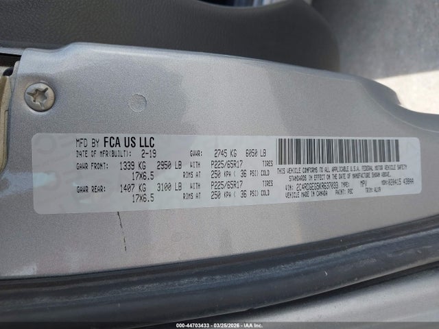 44703433 :رقم المزاد ، 2C4RDGEG5KR637033 vin ، 2019 Dodge Grand Caravan Gt مزاد بيع
