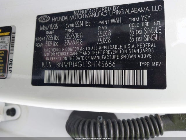44703434 :رقم المزاد ، 5NMP14GL1SH145666 vin ، 2025 Hyundai Santa Fe Se مزاد بيع