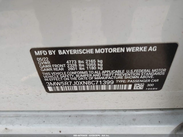 Aukcja sprzedaży 2022 Bmw 330i Xdrive, vin: 3MW5R7J0XN8C71399, numer aukcji: 44703435