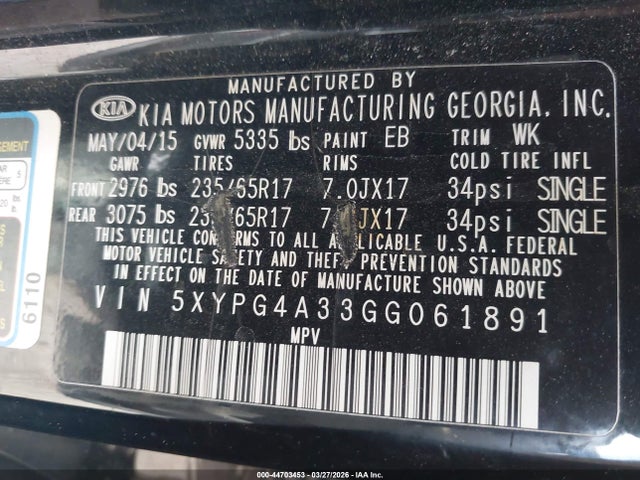 5XYPG4A33GG061891 KIA Sorento 2.4l Lx