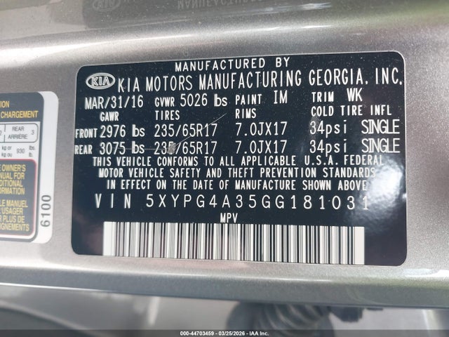 Aukcja sprzedaży 2016 Kia Sorento 2.4l Lx, vin: 5XYPG4A35GG181031, numer aukcji: 44703459