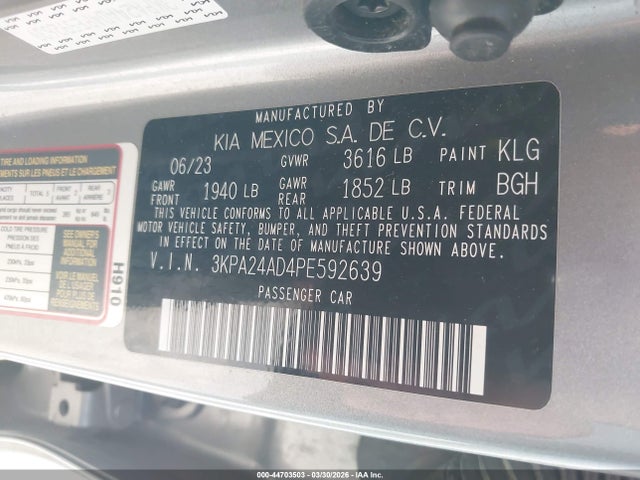 44703503 :رقم المزاد ، 3KPA24AD4PE592639 vin ، 2023 Kia Rio S مزاد بيع