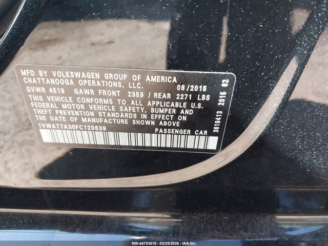 2015 Volkswagen Passat 1.8t Limited Edition მანქანა იყიდება აუქციონზე, vin: 1VWAT7A30FC120639, აუქციონის ნომერი: 44703510
