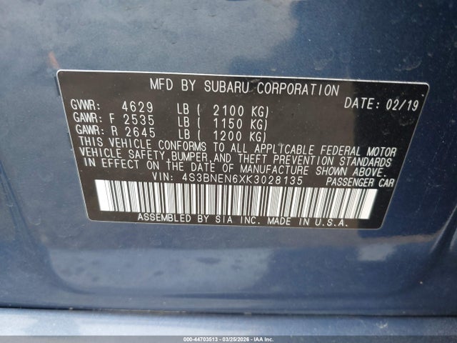 44703513 :رقم المزاد ، 4S3BNEN6XK3028135 vin ، 2019 Subaru Legacy 3.6r Limited مزاد بيع