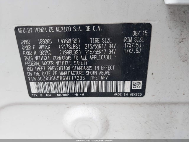 44703520 :رقم المزاد ، 3CZRU6H58GM717293 vin ، 2016 Honda Hr-v Ex مزاد بيع