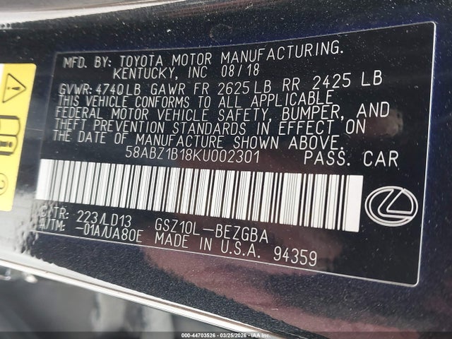 2019 Lexus Es 350 მანქანა იყიდება აუქციონზე, vin: 58ABZ1B18KU002301, აუქციონის ნომერი: 44703526