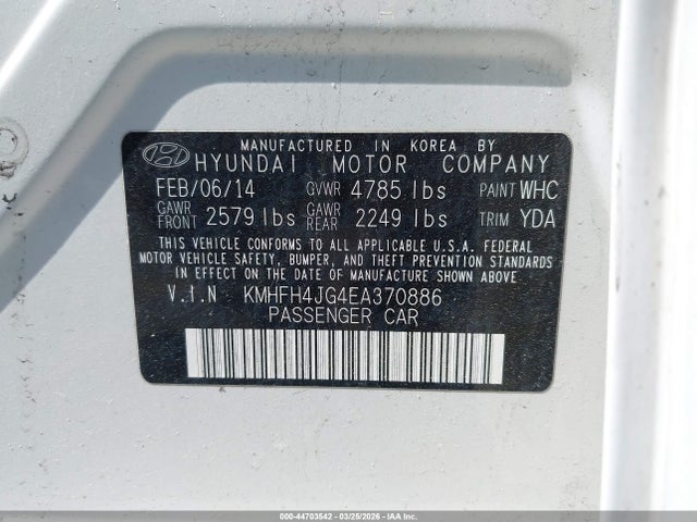 Aukcja sprzedaży 2014 Hyundai Azera Limited, vin: KMHFH4JG4EA370886, numer aukcji: 44703542