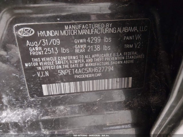2010 Hyundai Sonata Gls მანქანა იყიდება აუქციონზე, vin: 5NPET4AC5AH627794, აუქციონის ნომერი: 44703543