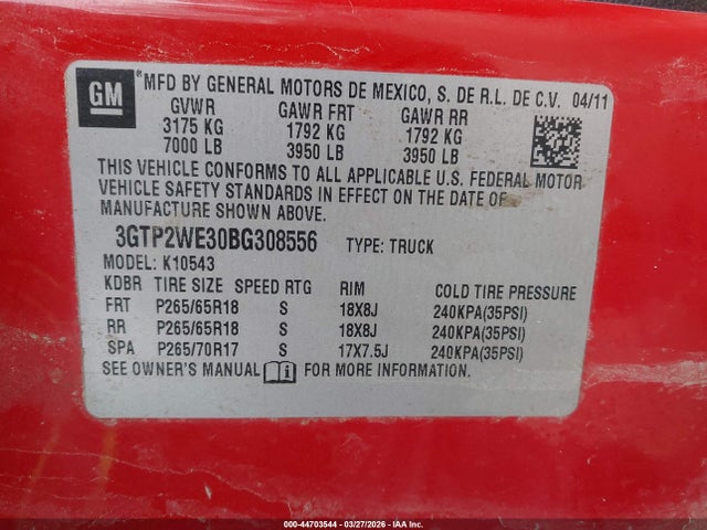 Aukcja sprzedaży 2011 Gmc Sierra 1500 Slt, vin: 3GTP2WE30BG308556, numer aukcji: 44703544