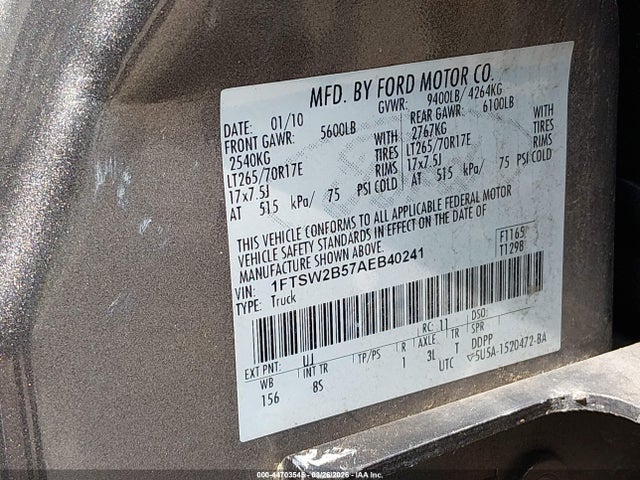 Продажа на аукционе авто 2010 Ford F-250 Xlt, vin: 1FTSW2B57AEB40241, номер лота: 44703545