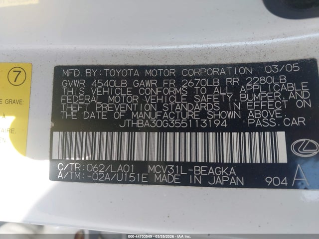 Продаж на аукціоні авто 2005 Lexus Es 330, vin: JTHBA30G355113194, номер лоту: 44703549