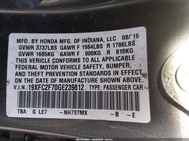 2016 HONDA CIVIC 19XFC2F70GE239812 Photo 8