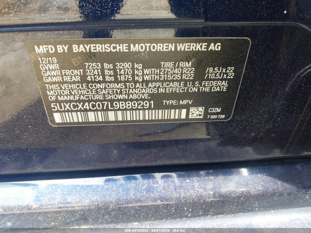 44703553 :رقم المزاد ، 5UXCX4C07L9B89291 vin ، 2020 Bmw X7 Xdrive50i مزاد بيع