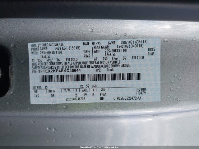 Aukcja sprzedaży 2025 Ford F-150 Stx, vin: 1FTEX2KP4SKD45644, numer aukcji: 44703570