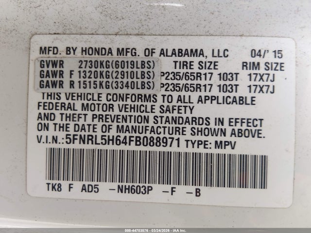 2015 Honda Odyssey Ex-l მანქანა იყიდება აუქციონზე, vin: 5FNRL5H64FB088971, აუქციონის ნომერი: 44703576