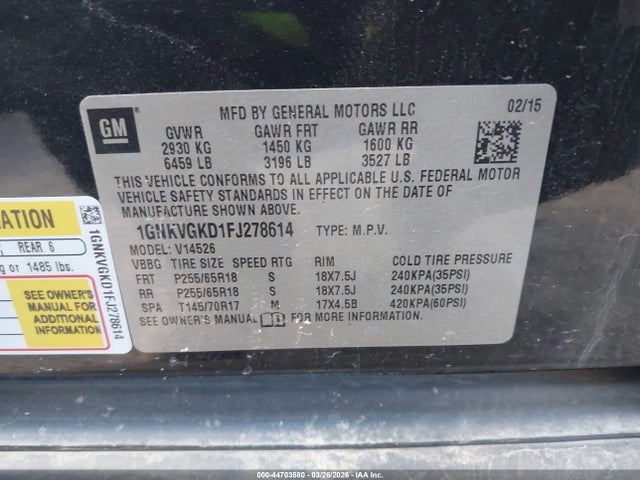 1GNKVGKD1FJ278614 Chevrolet Traverse 1lt