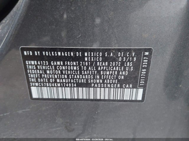 Продаж на аукціоні авто 2019 Volkswagen Jetta 1.4t R-line/1.4t S/1.4t Se, vin: 3VWC57BU4KM174934, номер лоту: 44703584