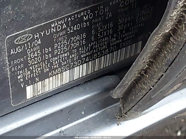 2004 HYUNDAI SANTA FE KM8SC73D74U853870 Photo 8