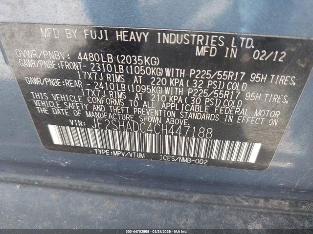 Продаж на аукціоні авто 2012 Subaru Forester 2.5x Premium, vin: JF2SHADC4CH447188, номер лоту: 44703605