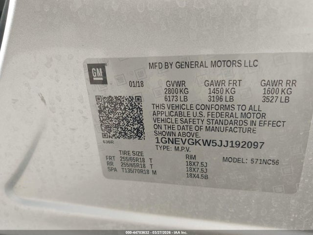 1GNEVGKW5JJ192097 Chevrolet Traverse 1lt